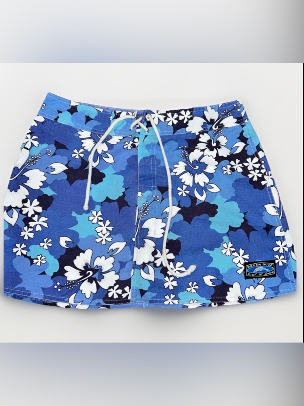 Ocean Blue Hawaiian Blue Floral Mini Skirt Cotton Women’s Size M